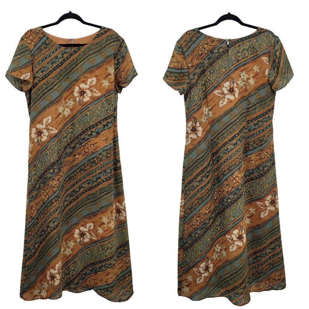 Vintage 90's Maxi Dress 12 Green Tan Modest Short‎ Sleeve Shift Southwestern